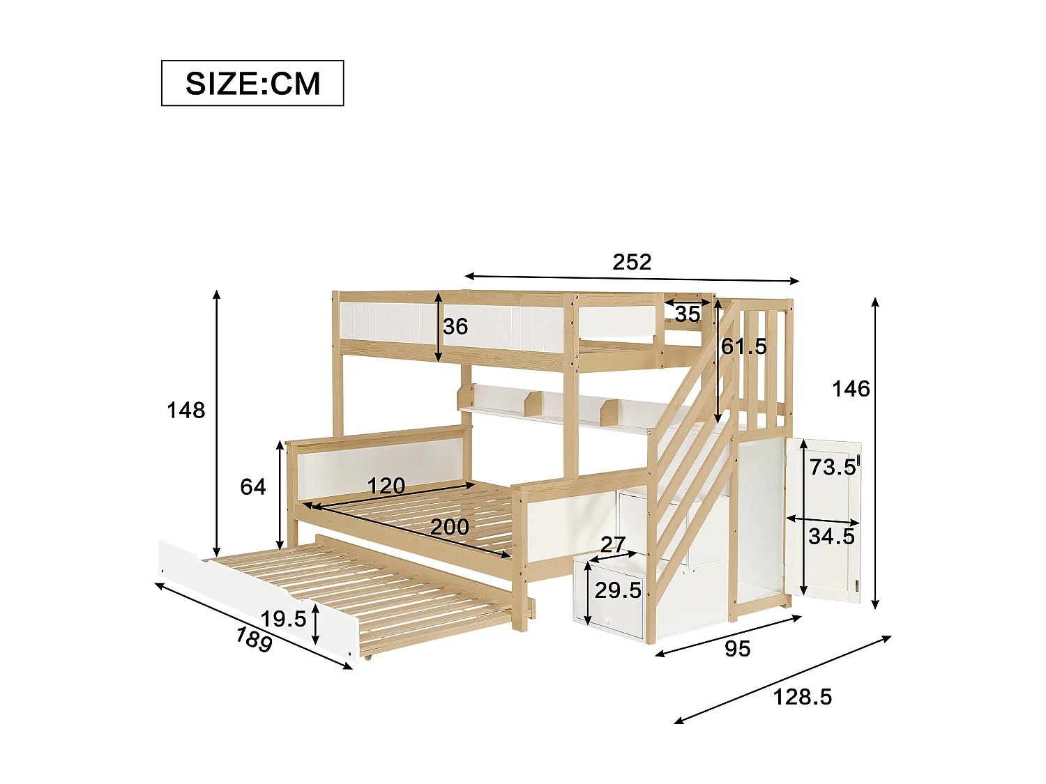 Lit superposé enfant 90x200/190/120 cm – Barrière sécurité, lit gigogne, armoire, échelle d’angle, pin + MDF blanc/naturel