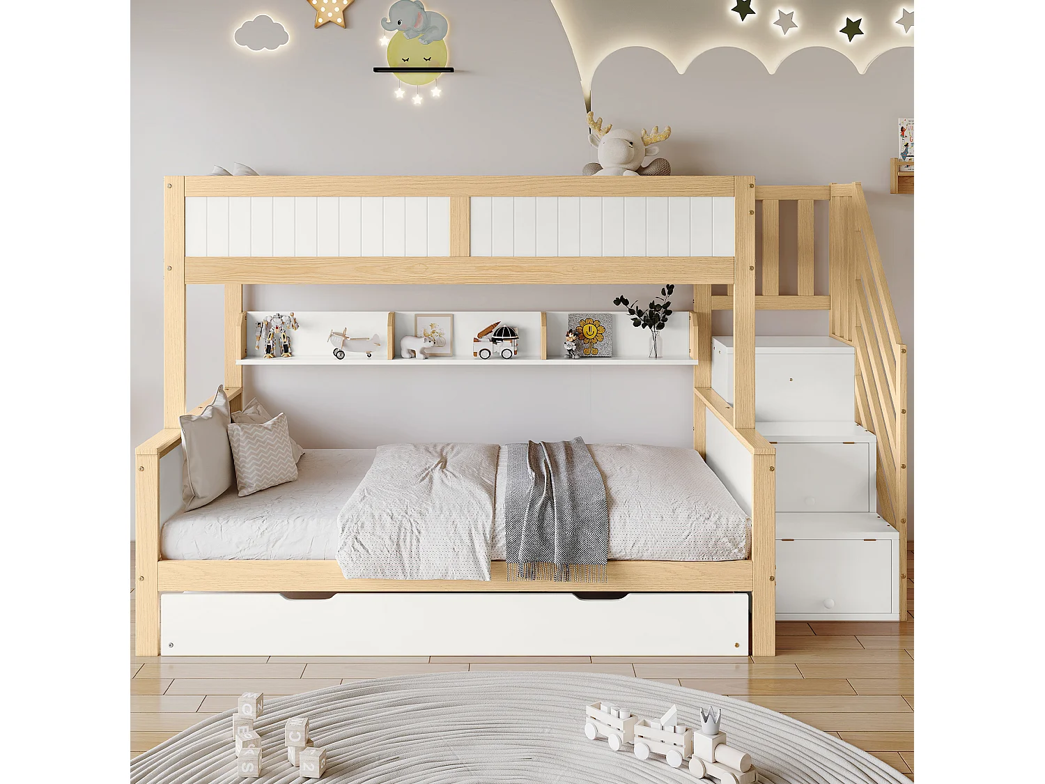 Lit superposé enfant 90x200/190/120 cm – Barrière sécurité, lit gigogne, armoire, échelle d’angle, pin + MDF blanc/naturel