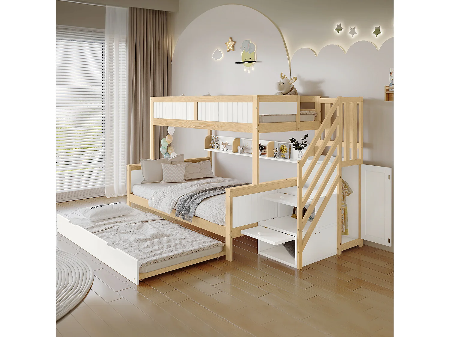 Lit superposé enfant 90x200/190/120 cm – Barrière sécurité, lit gigogne, armoire, échelle d’angle, pin + MDF blanc/naturel