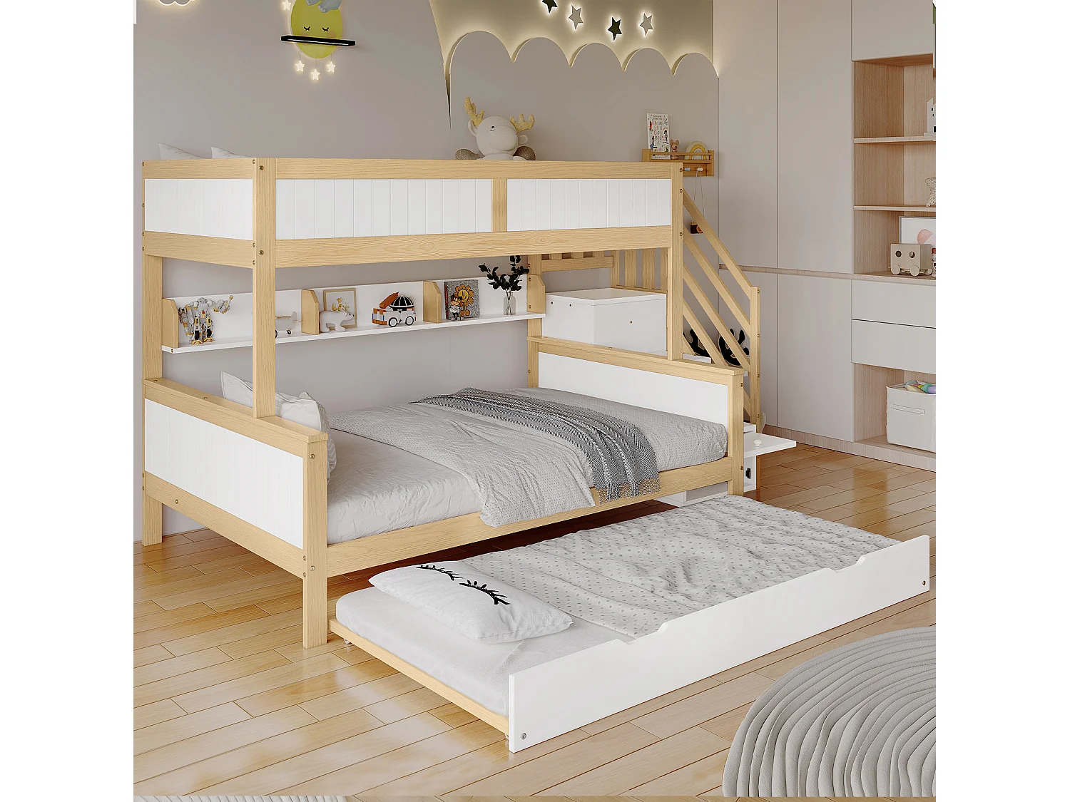 Lit superposé enfant 90x200/190/120 cm – Barrière sécurité, lit gigogne, armoire, échelle d’angle, pin + MDF blanc/naturel