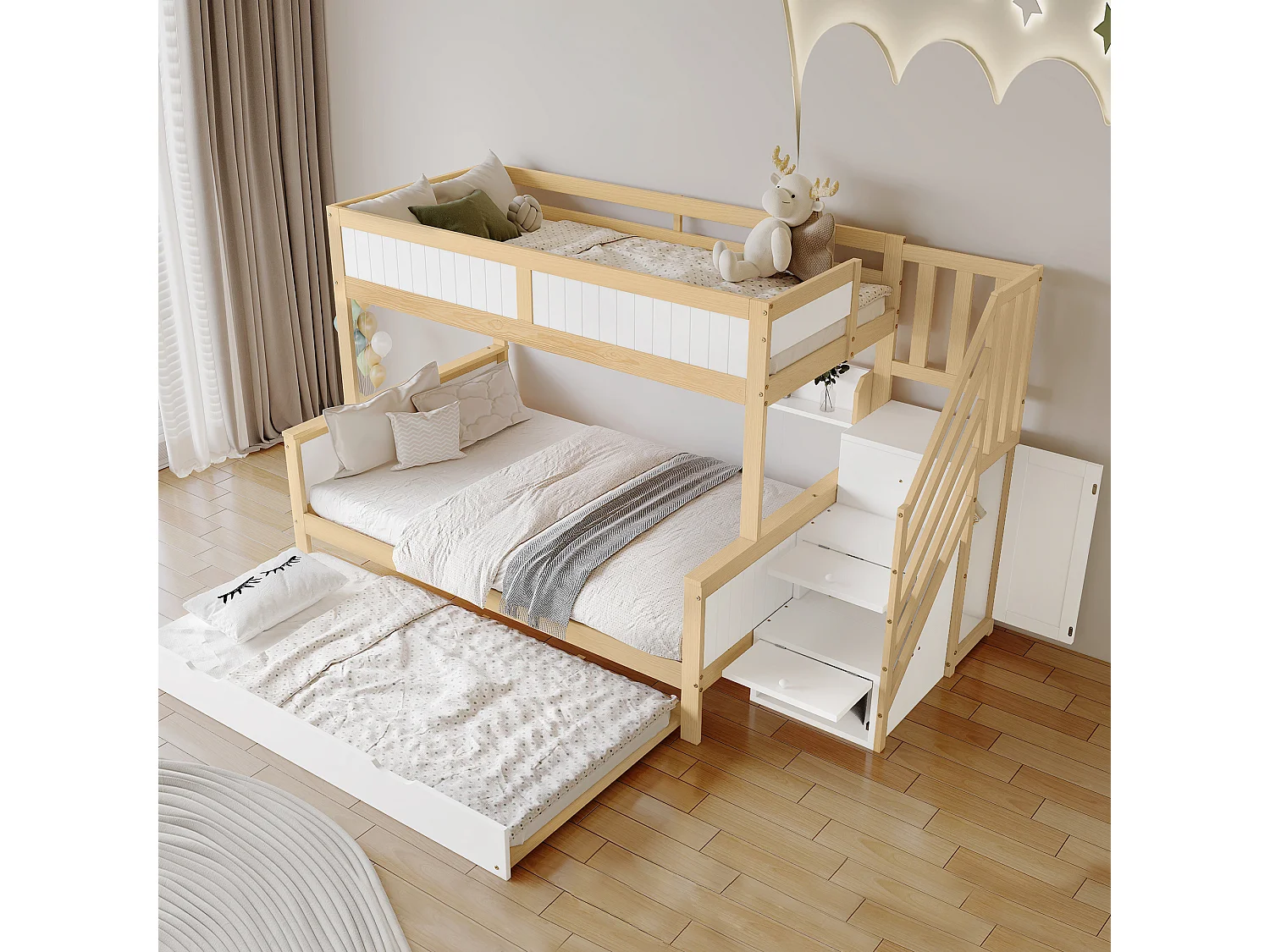 Lit superposé enfant 90x200/190/120 cm – Barrière sécurité, lit gigogne, armoire, échelle d’angle, pin + MDF blanc/naturel