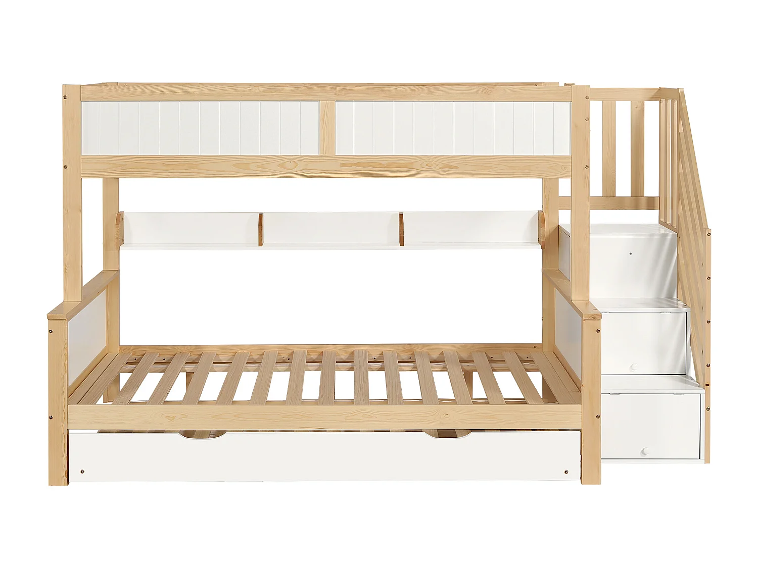 Lit superposé enfant 90x200/190/120 cm – Barrière sécurité, lit gigogne, armoire, échelle d’angle, pin + MDF blanc/naturel