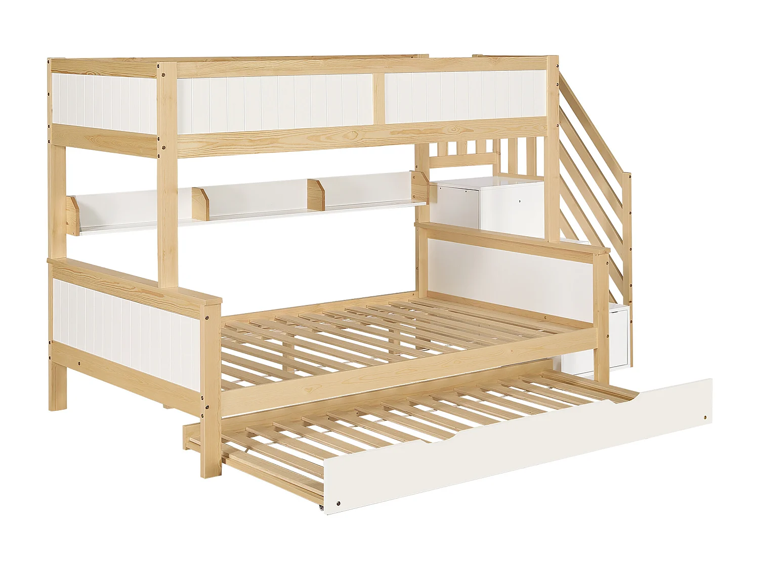 Lit superposé enfant 90x200/190/120 cm – Barrière sécurité, lit gigogne, armoire, échelle d’angle, pin + MDF blanc/naturel