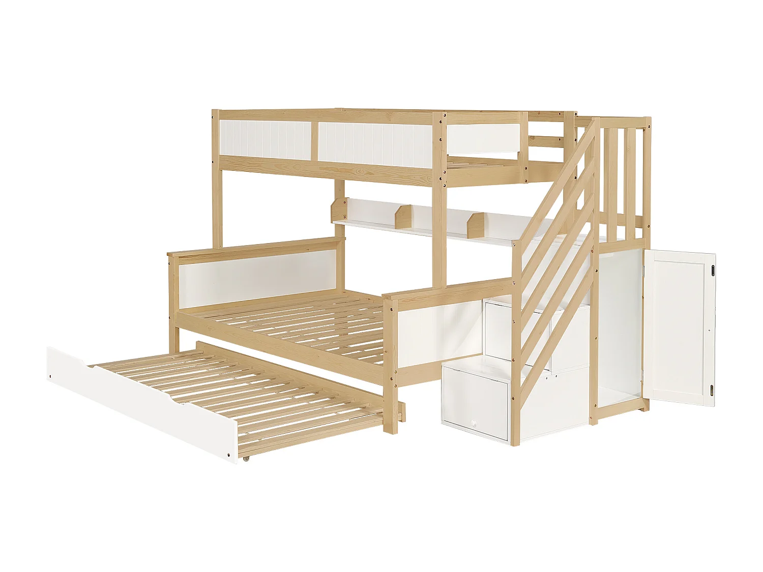 Lit superposé enfant 90x200/190/120 cm – Barrière sécurité, lit gigogne, armoire, échelle d’angle, pin + MDF blanc/naturel