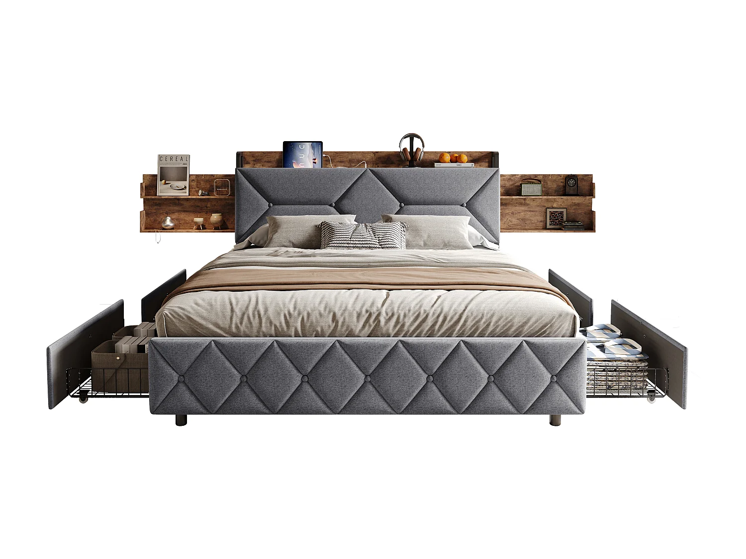 Lit double 140×200 cm en bois et métal avec tête inclinable 95°, rangements intégrés et ports USB/Type-C – Pratique et ergonomique