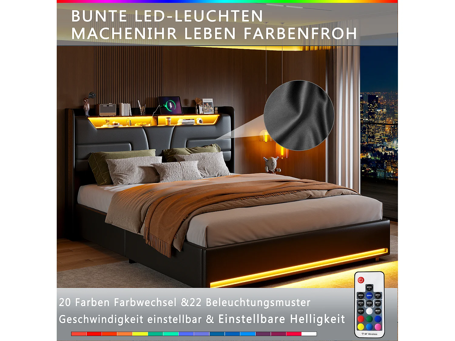 Lit rembourré 140×190 cm avec LED, prises USB/secteur, sommier à lattes et rangement – Similicuir noir, moderne