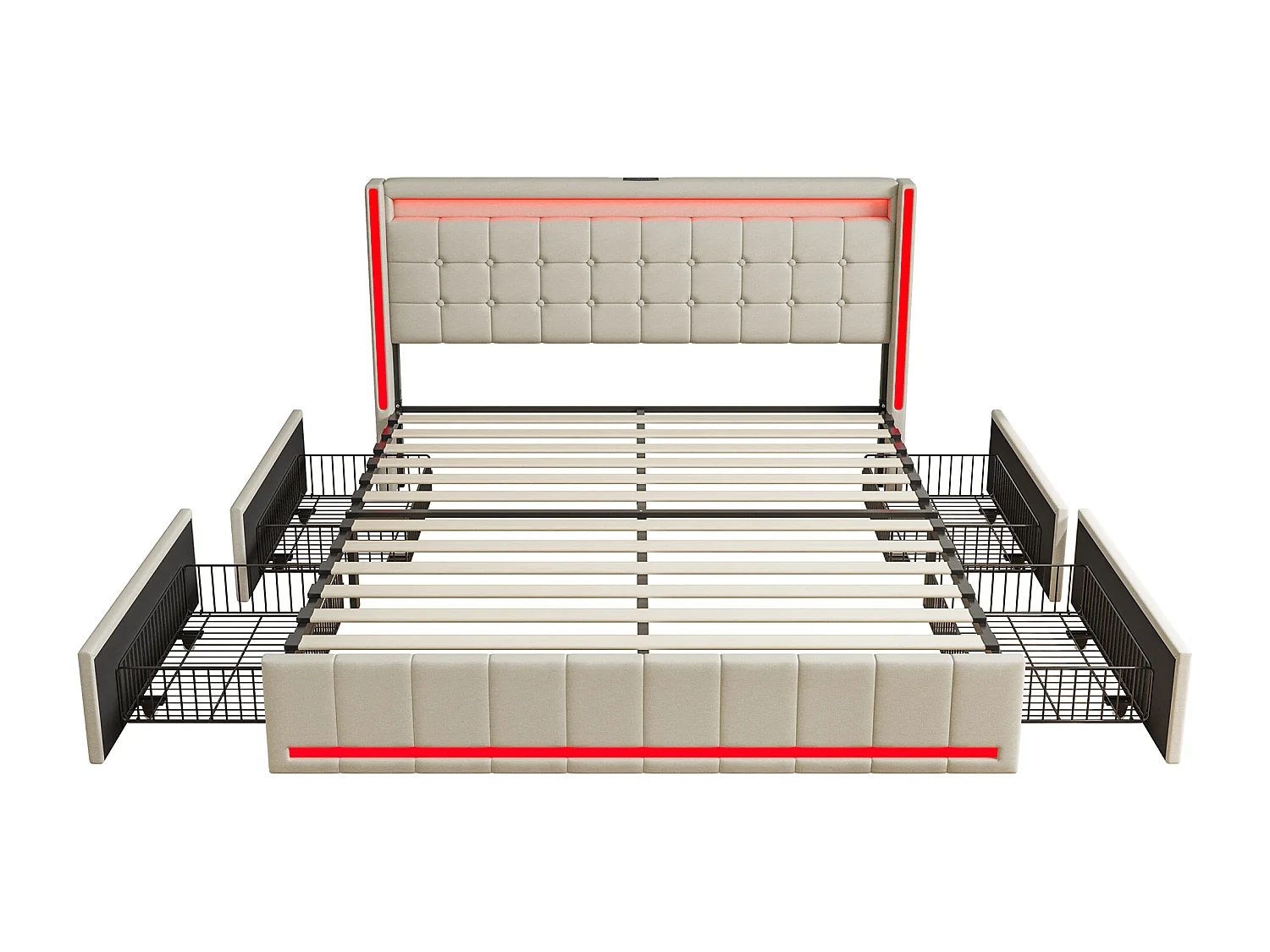 Lit 140x200 avec tiroirs – Tissu en lin Beige – Éclairage LED réglable – Ports USB&Type-C pour recharge – 4 grands tiroirs de rangement