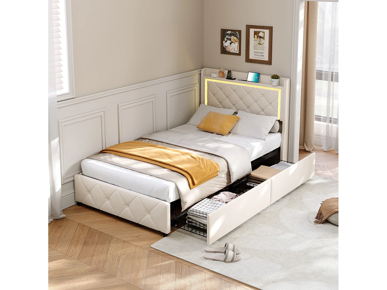 Lit 90×200 cm en velours beige avec tête de lit LED, avec 2 tiroirs, ports USB et Type-C