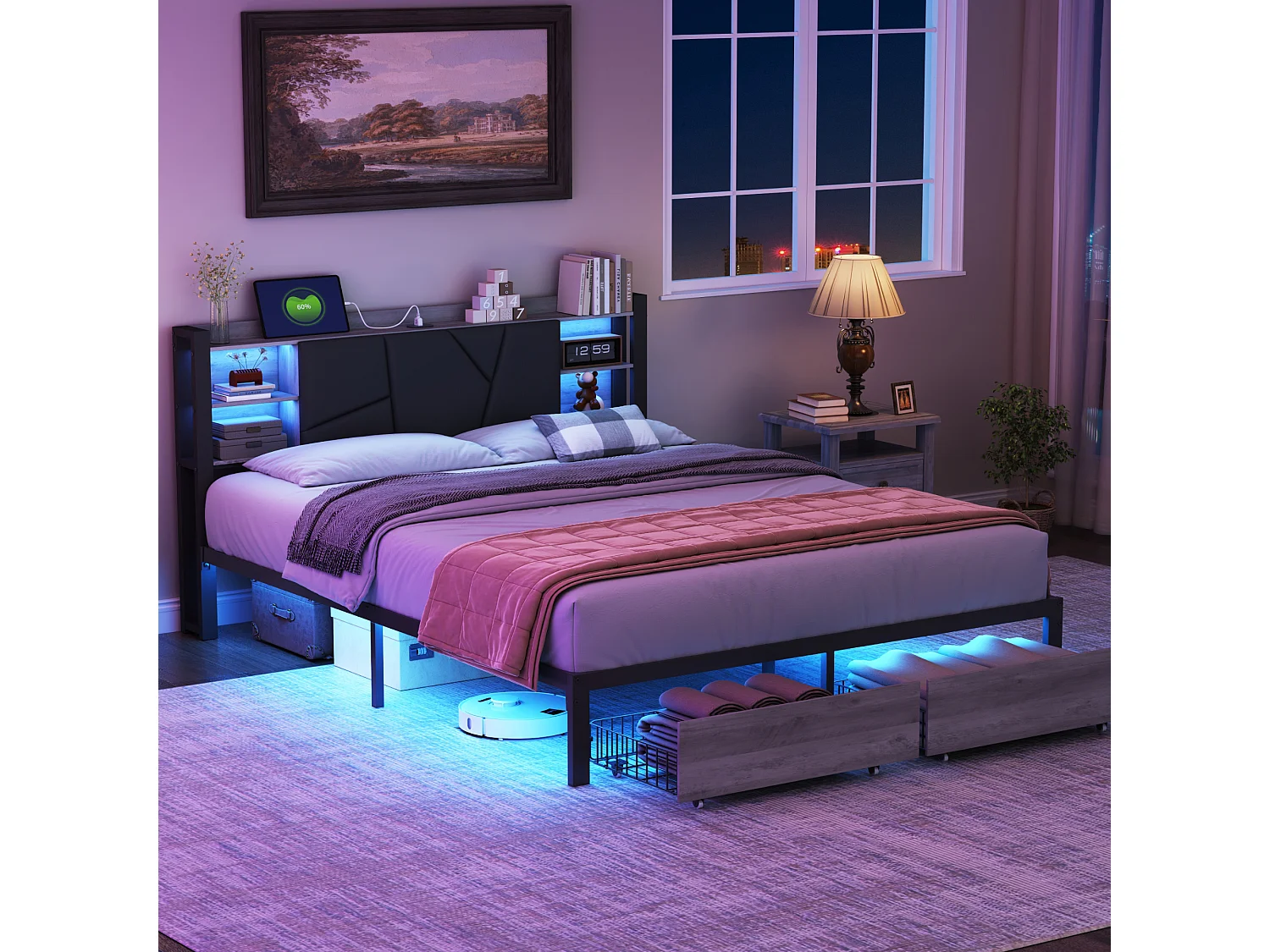 Cama doble de metal para adultos de 160x200 cm con iluminación LED, 2 cajones y cabecero con puerto de carga, color gris.