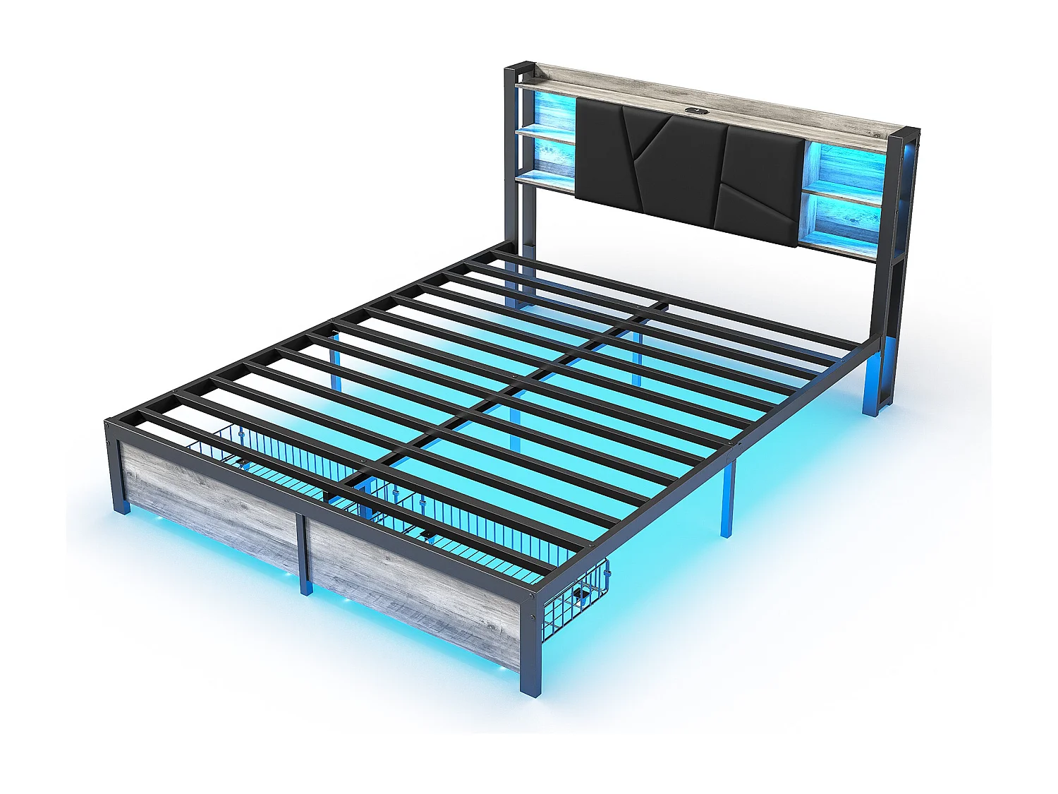 Cama doble de metal para adultos de 160x200 cm con iluminación LED, 2 cajones y cabecero con puerto de carga, color gris.