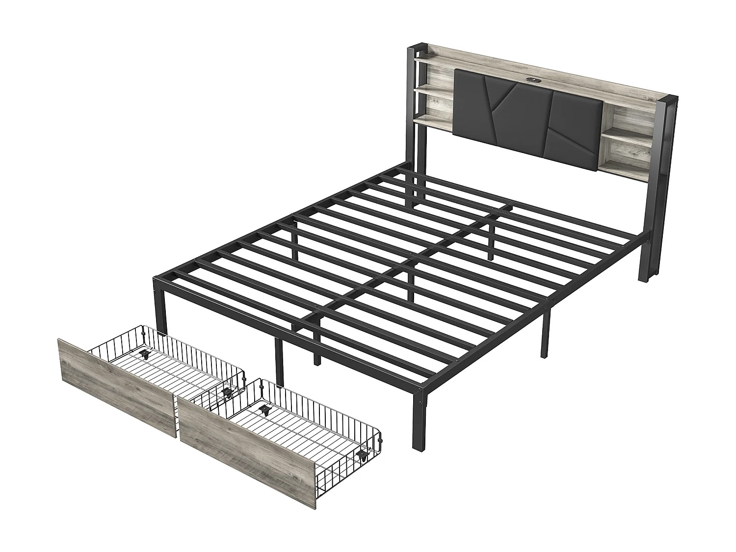 Cama doble de metal para adultos de 160x200 cm con iluminación LED, 2 cajones y cabecero con puerto de carga, color gris.