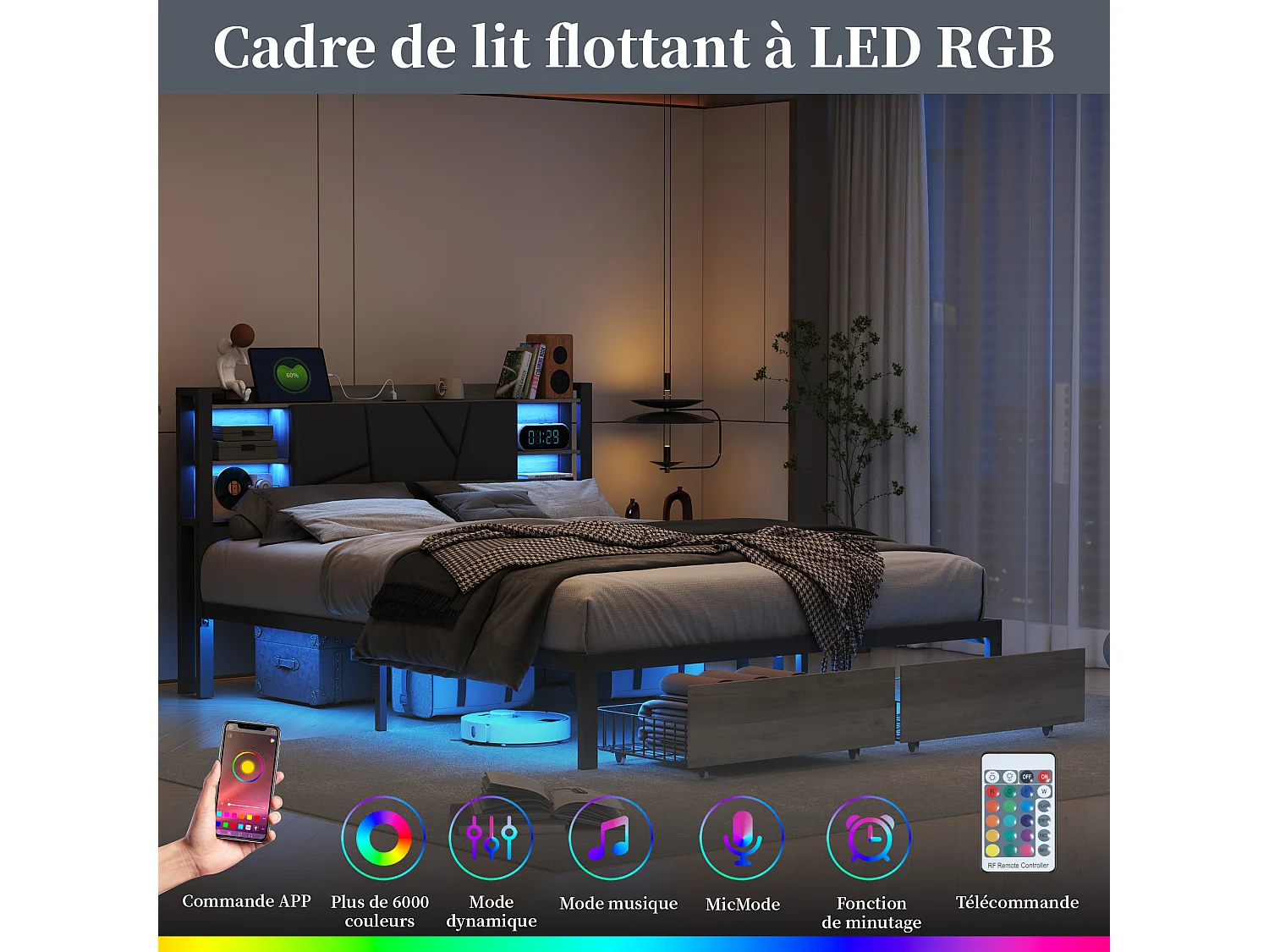 Cama doble de metal para adultos de 160x200 cm con iluminación LED, 2 cajones y cabecero con puerto de carga, color gris.