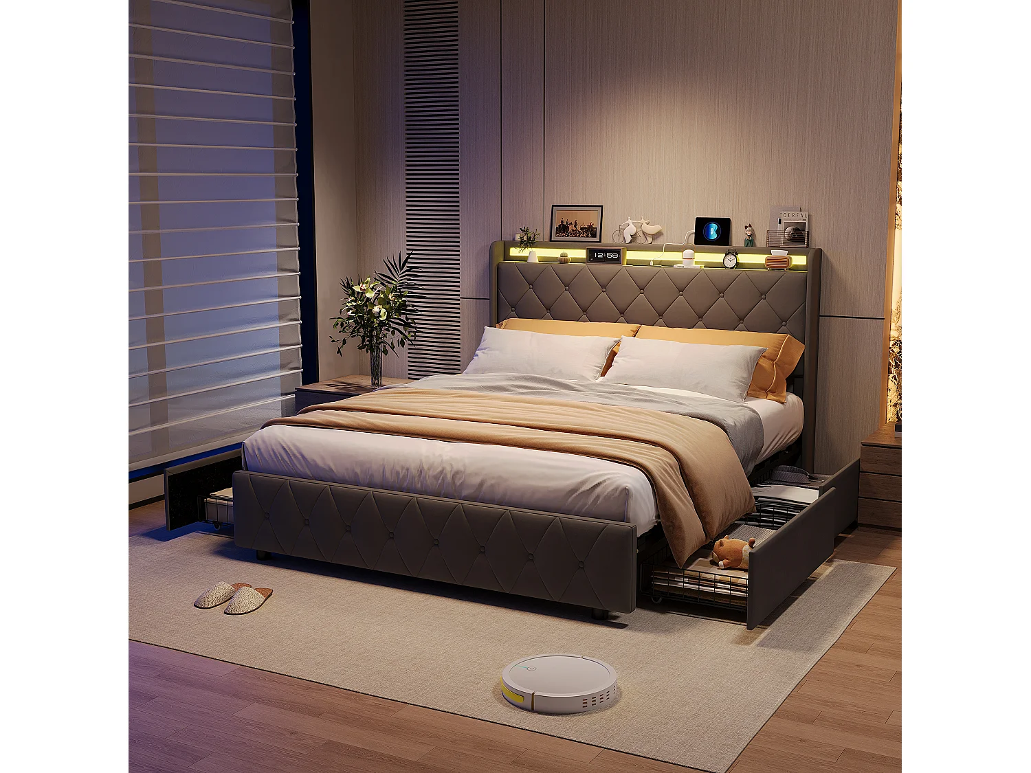 Lit 140x200 cm - avec 4 tiroirs - chargement USB et Type-C - éclairage LED - tables de chevet avec rangement - cloisons ouvertes - sommier à lattes - Gris