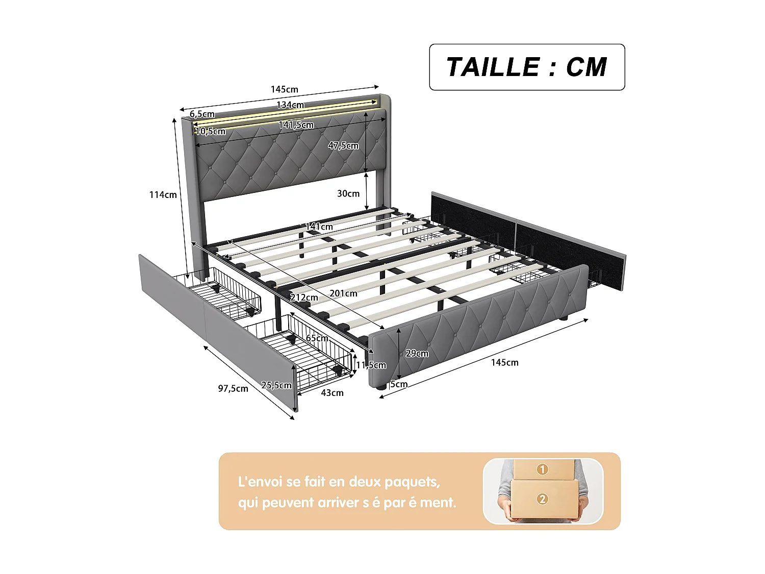 Lit 140x200 cm - avec 4 tiroirs - chargement USB et Type-C - éclairage LED - tables de chevet avec rangement - cloisons ouvertes - sommier à lattes - Gris