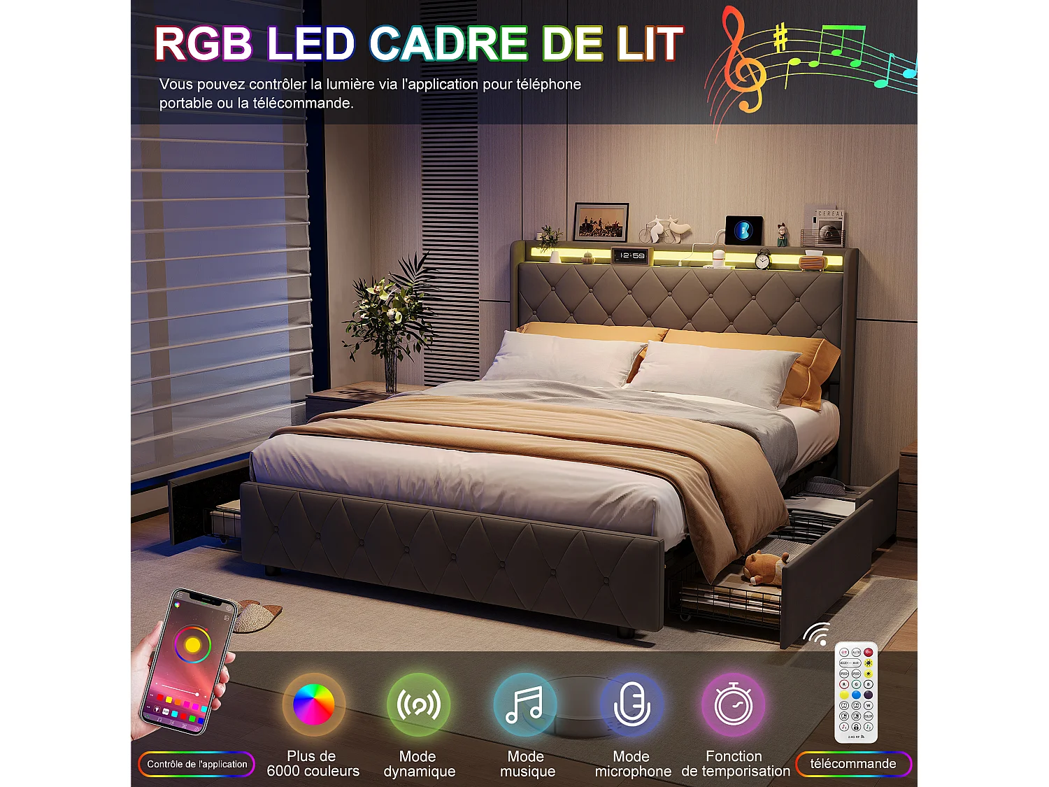 Lit 140x200 cm - avec 4 tiroirs - chargement USB et Type-C - éclairage LED - tables de chevet avec rangement - cloisons ouvertes - sommier à lattes - Gris