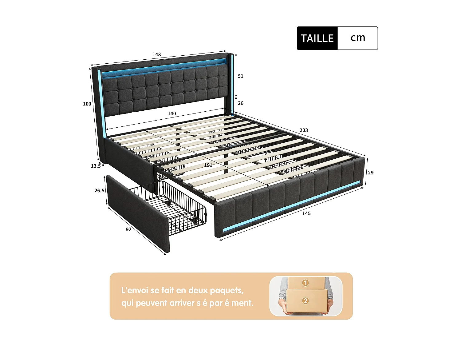 Lit 140x190 avec tiroirs – Tissu en lin gris foncé – Éclairage LED réglable – Ports USB&Type-C pour recharge – 4 grands tiroirs de rangement