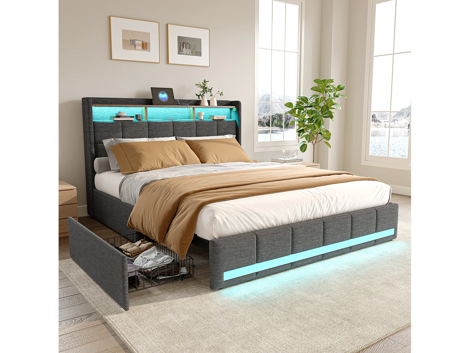 Lit 140×190 cm avec LED, USB, 4 tiroirs et tête de lit – Lin gris, sommier inclus
