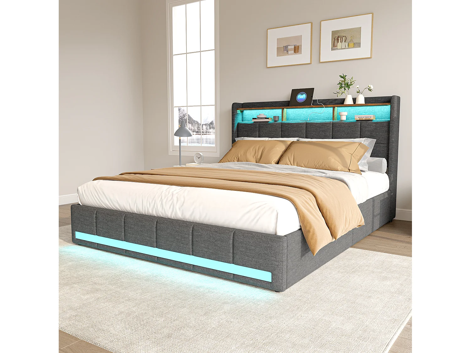 Lit 140×190 cm avec LED, USB, 4 tiroirs et tête de lit – Lin gris, sommier inclus