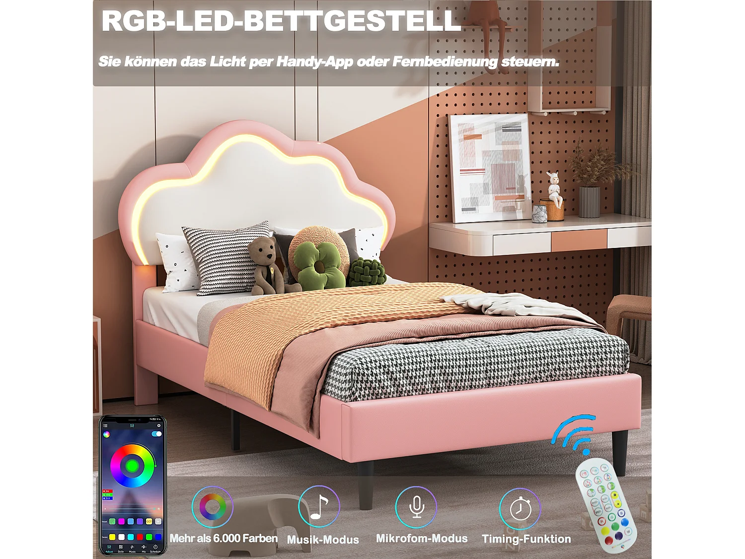 Lit enfant 90x200 avec tête de lit nuage – Lumière LED multicolore – Similicuir rose – Confort optimal pour lecture et détente