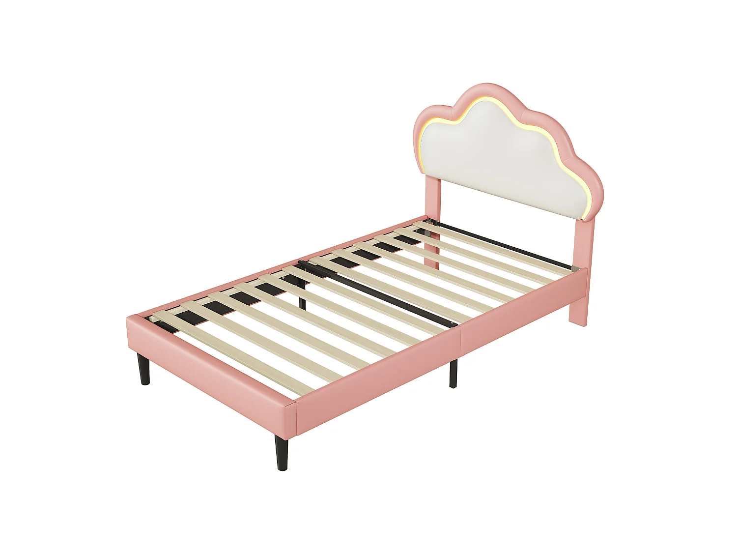 Cama infantil de 90x200 cm con cabecero de nubes – Luz LED multicolor – Piel sintética rosa – Máximo confort para leer y relajarse.
