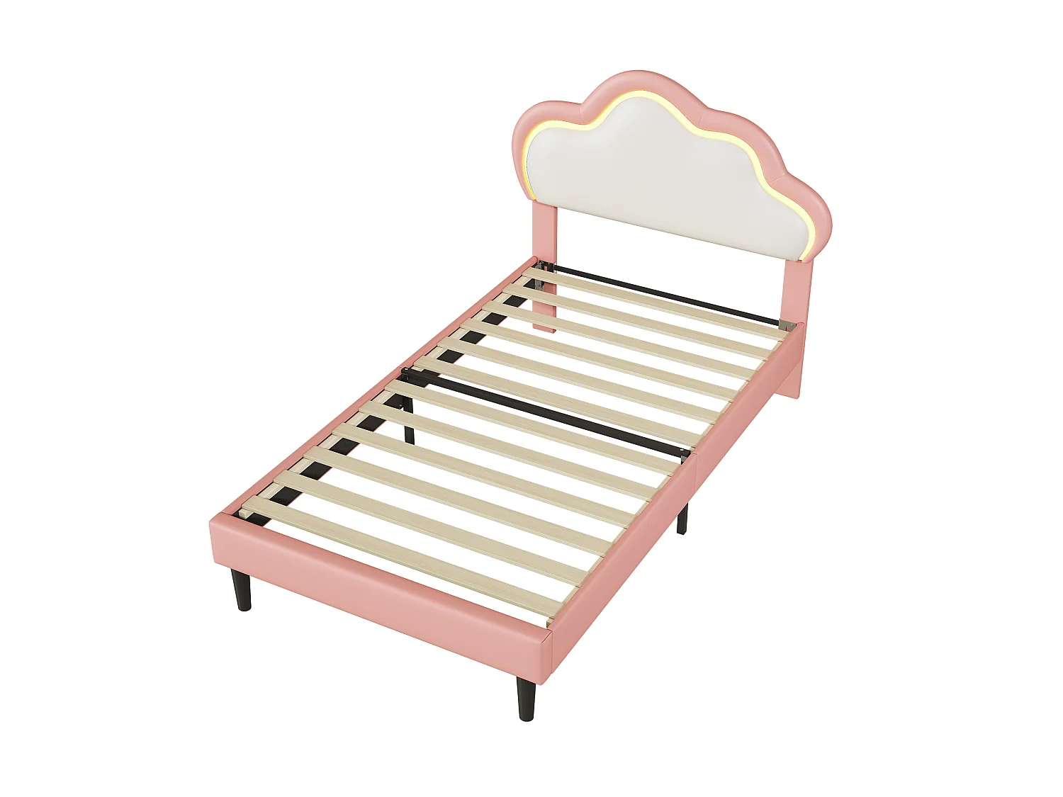 Cama infantil de 90x200 cm con cabecero de nubes – Luz LED multicolor – Piel sintética rosa – Máximo confort para leer y relajarse.