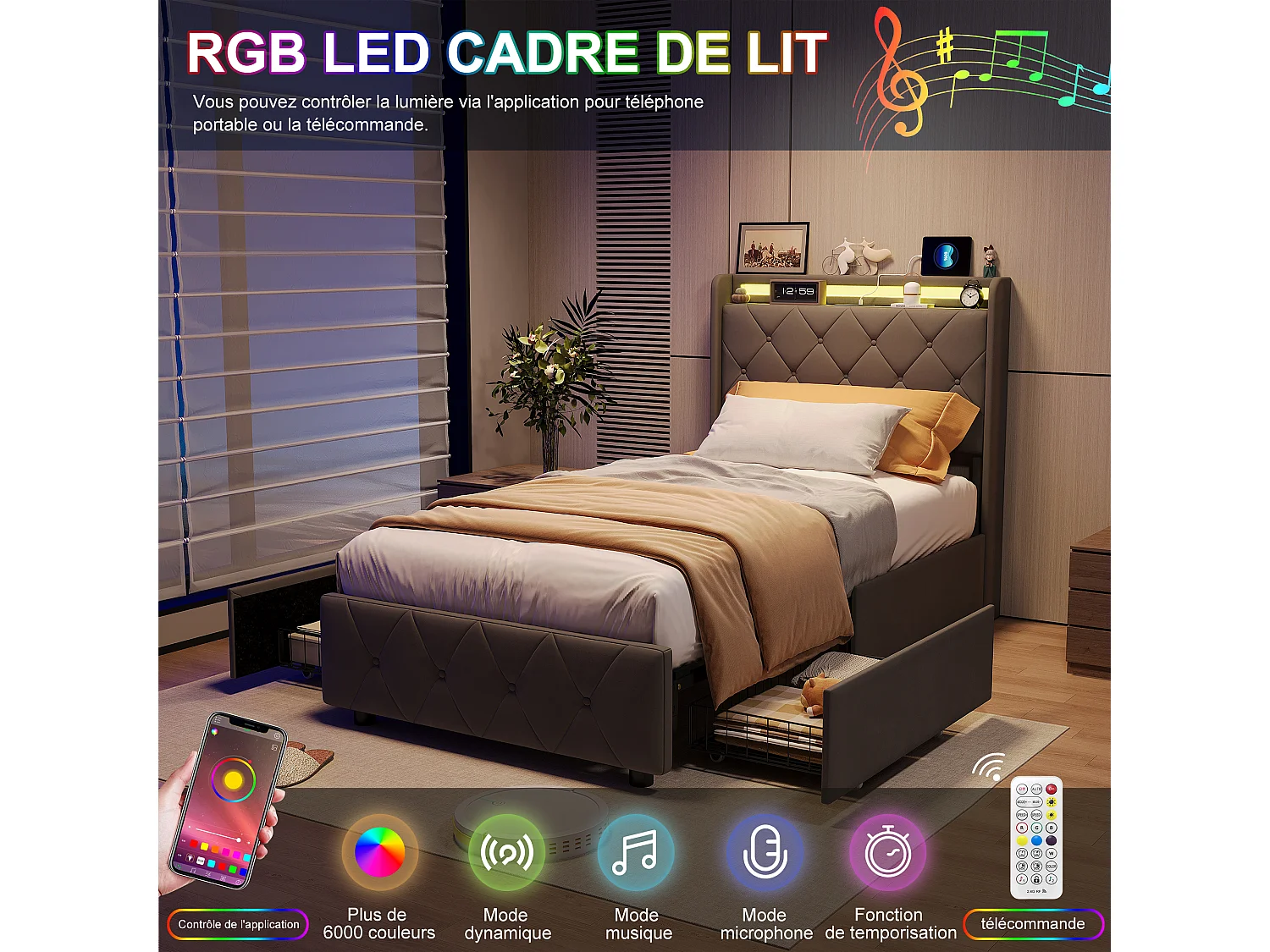 Lit 90x200 cm - avec 2 tiroirs - chargement USB et Type-C - éclairage LED - tables de chevet avec rangement - cloisons ouvertes - sommier à lattes - Gris