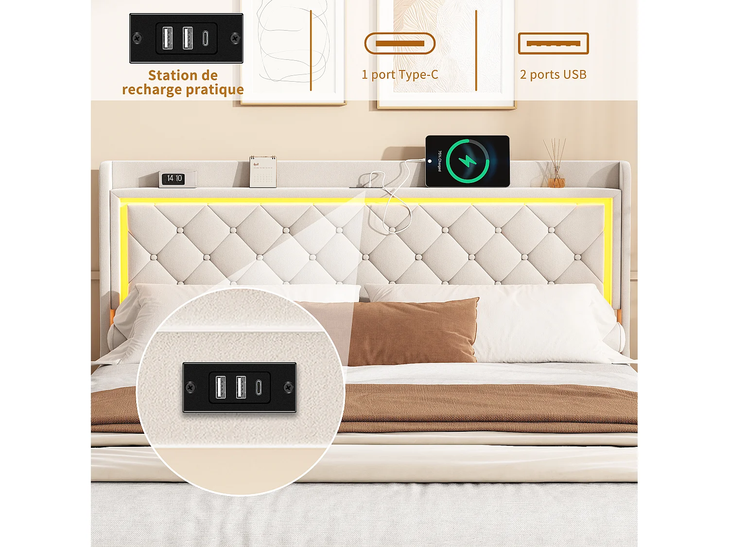 Lit 160×200 cm en velours beige avec tête de lit LED, avec 4 tiroirs, ports USB et Type-C
