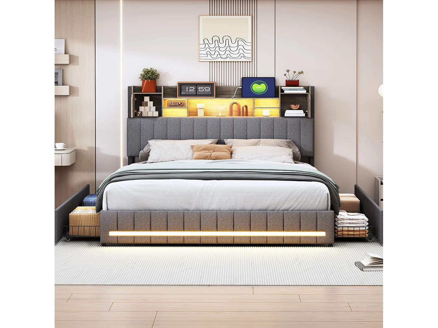 Lit double 140x190 cm - avec 4 tiroirs - chargement USB - éclairage LED - tables de chevet avec rangement - cloisons ouvertes - sommier à lattes - Gris