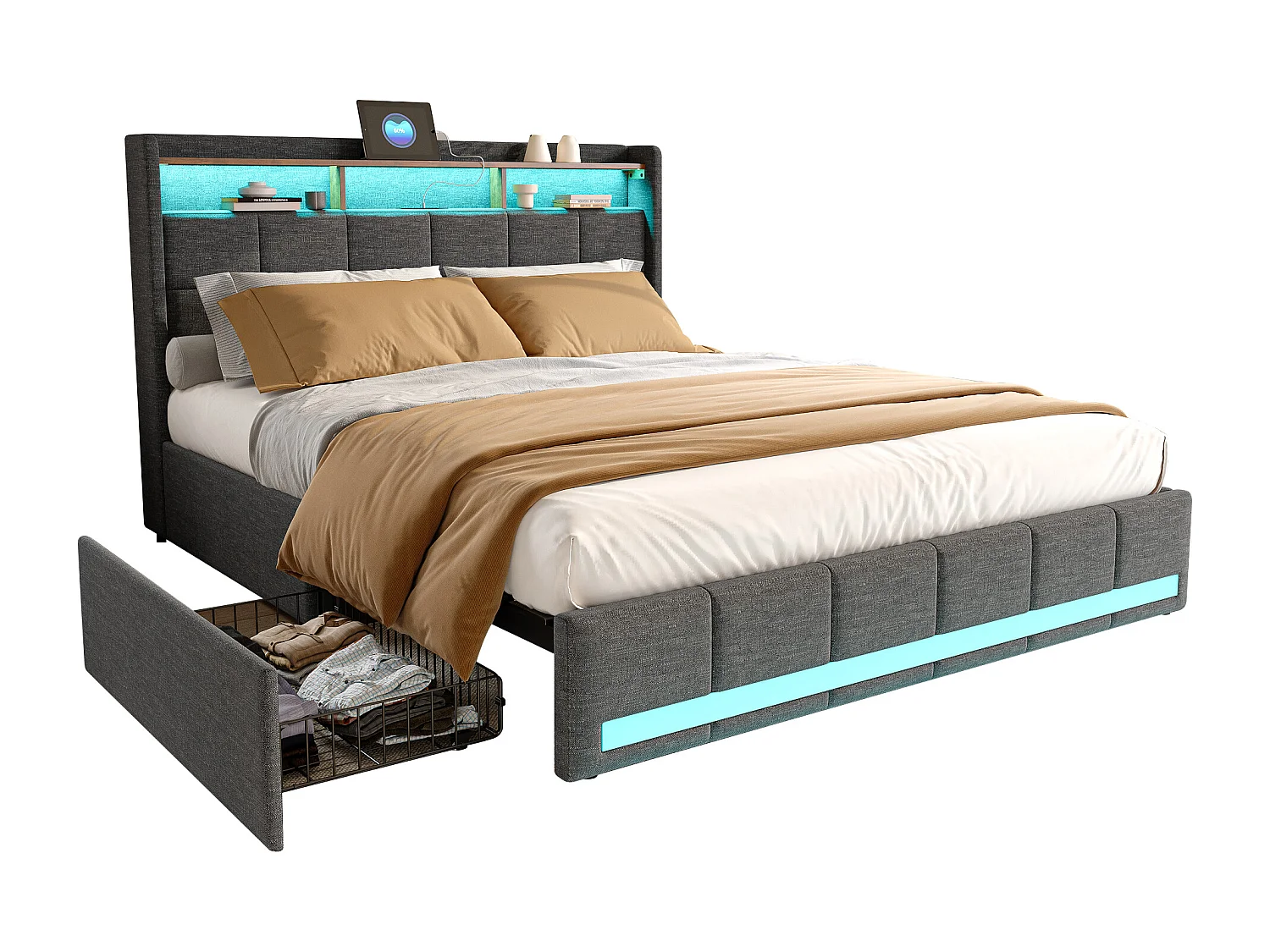 Tweepersoonsbed 160×200 cm in grijs linnen met ledverlichting, 4 lades, planken en USB/Type-C-poorten – Houten lattenbodem