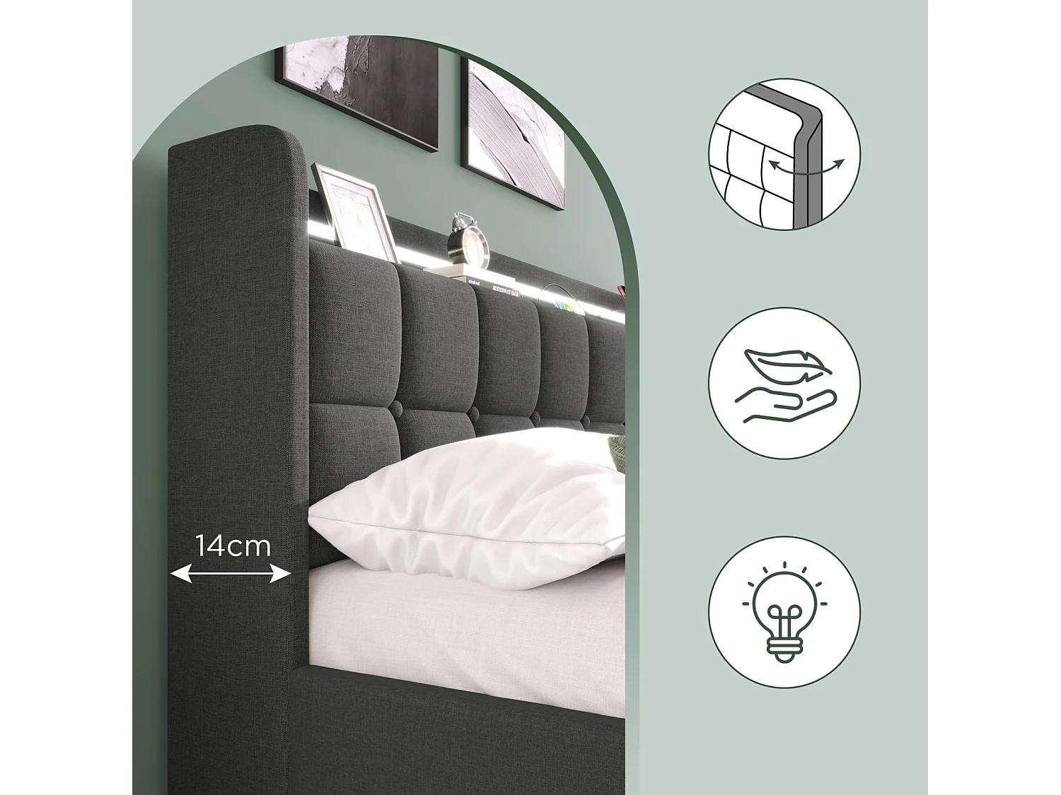 Lit adulte scandinave 160x200 cm avec 4 tiroirs – Port USB et Type-C – Sommier à lattes – Éclairage LED intégré – Gris