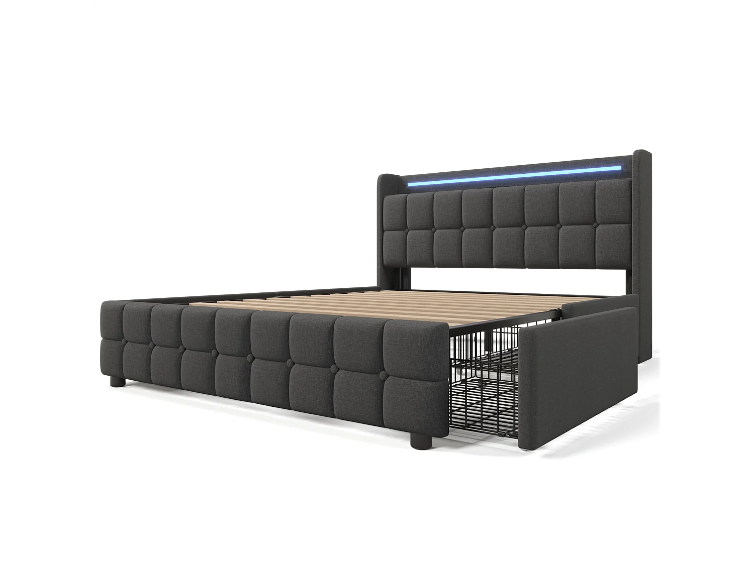 Scandinavisch volwassenenbed 160x200 cm met 4 lades – USB- en Type-C-poort – Lattenbodem – Geïntegreerde ledverlichting – Grijs