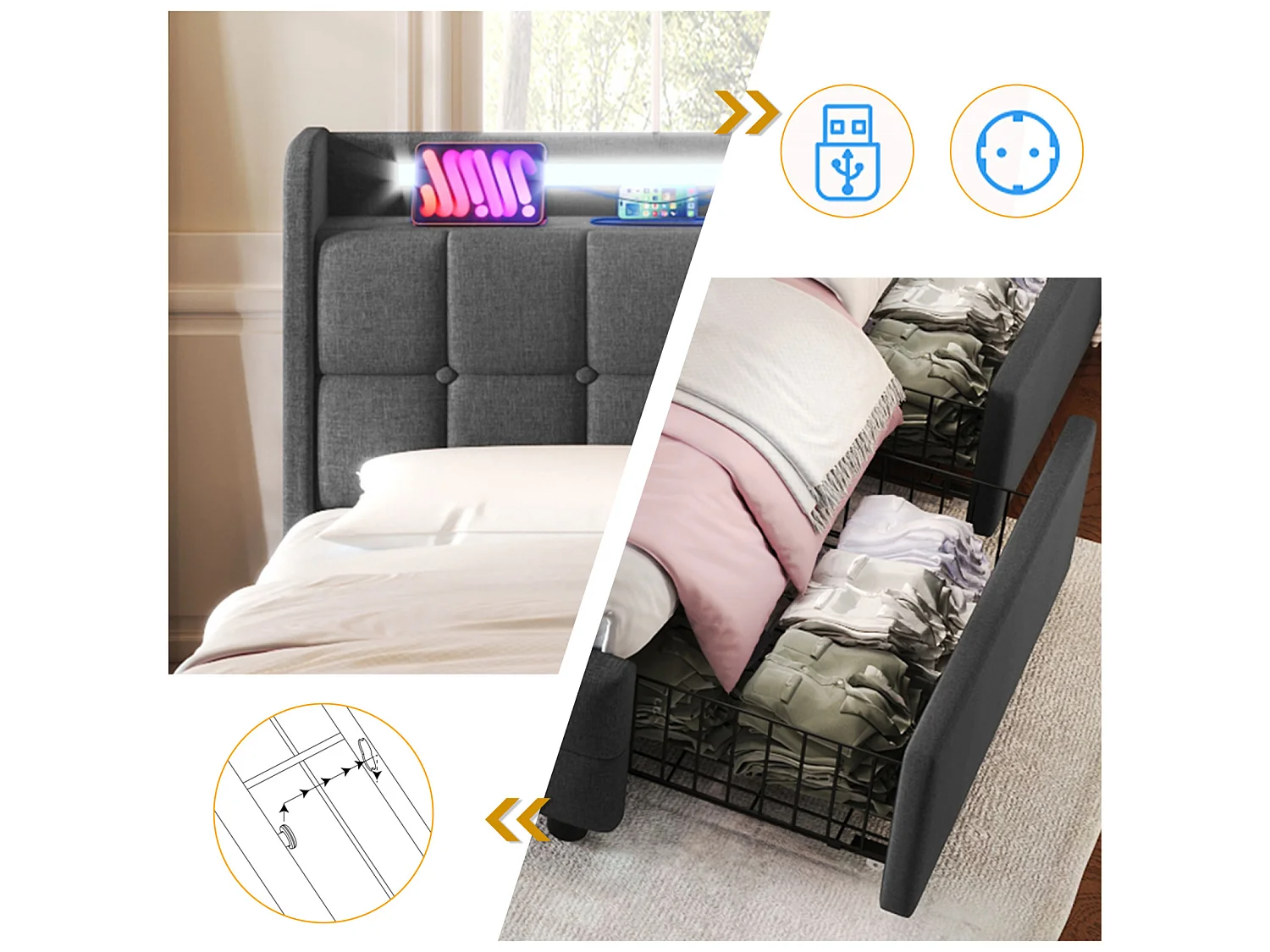 Scandinavisch volwassenenbed 160x200 cm met 4 lades – USB- en Type-C-poort – Lattenbodem – Geïntegreerde ledverlichting – Grijs