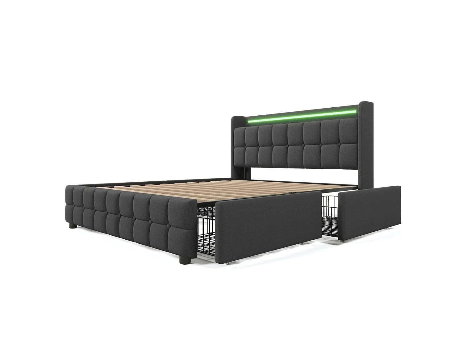 Scandinavisch volwassenenbed 160x200 cm met 4 lades – USB- en Type-C-poort – Lattenbodem – Geïntegreerde ledverlichting – Grijs