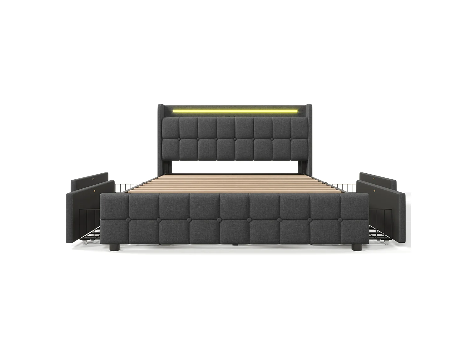 Scandinavisch volwassenenbed 160x200 cm met 4 lades – USB- en Type-C-poort – Lattenbodem – Geïntegreerde ledverlichting – Grijs