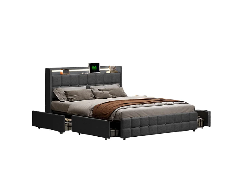 Scandinavisch volwassenenbed 160x200 cm met 4 lades – USB- en Type-C-poort – Lattenbodem – Geïntegreerde ledverlichting – Grijs