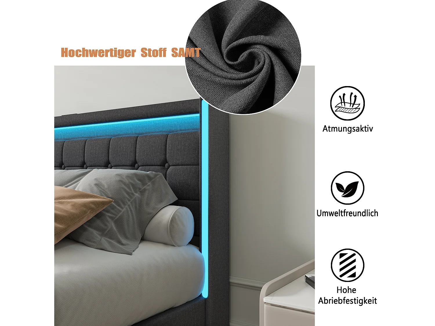 Lit 140x200 avec tiroirs – Tissu en lin gris foncé – Éclairage LED réglable – Ports USB&Type-C pour recharge – 4 grands tiroirs de rangement