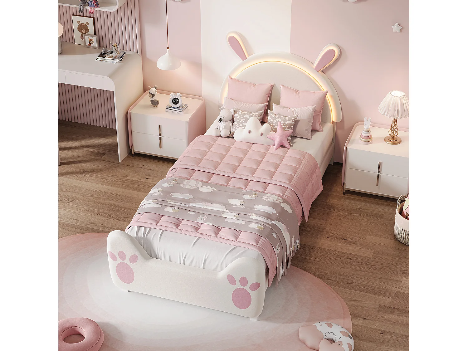 Kinderbed 90x200 cm konijn met LED – Design kinderbed met konijnenoortjes – Wit en roze kinderbedframe