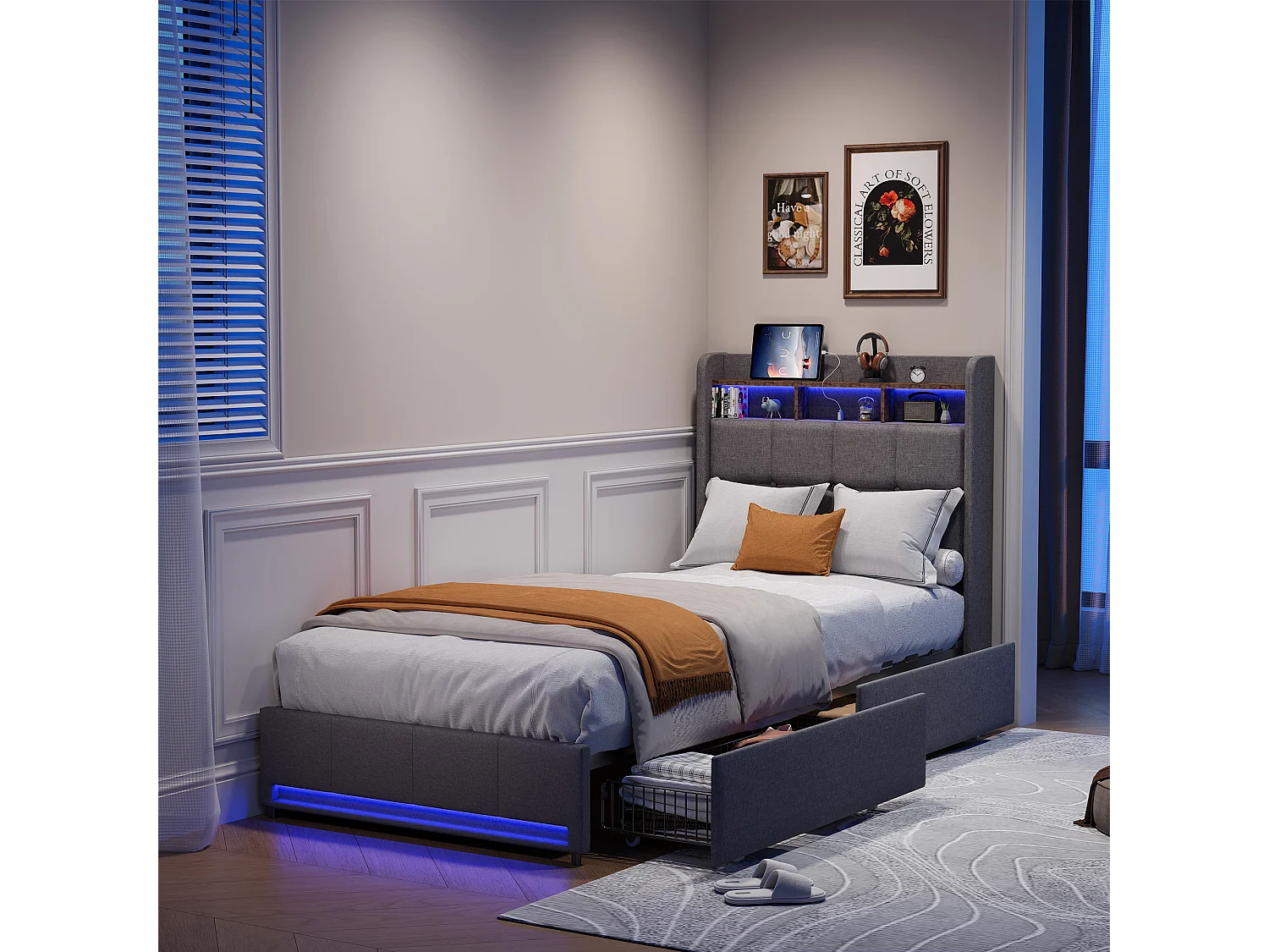 Lit 90×200 cm avec LED, USB, 2 tiroirs et tête de lit – Lin gris, sommier inclus