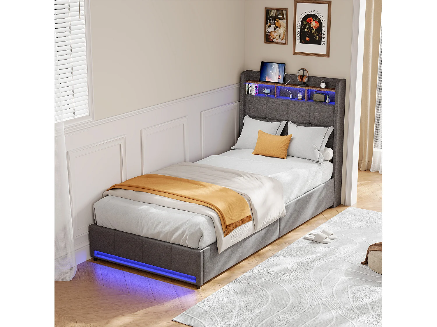 Lit 90×200 cm avec LED, USB, 2 tiroirs et tête de lit – Lin gris, sommier inclus