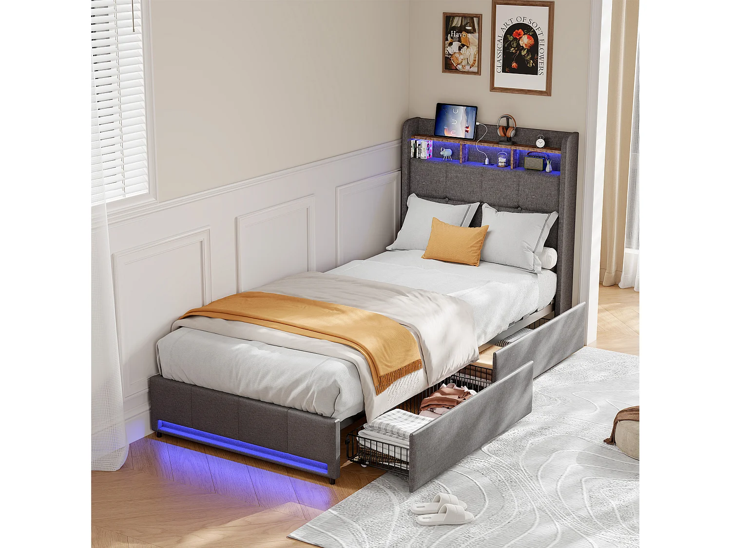 Lit 90×200 cm avec LED, USB, 2 tiroirs et tête de lit – Lin gris, sommier inclus