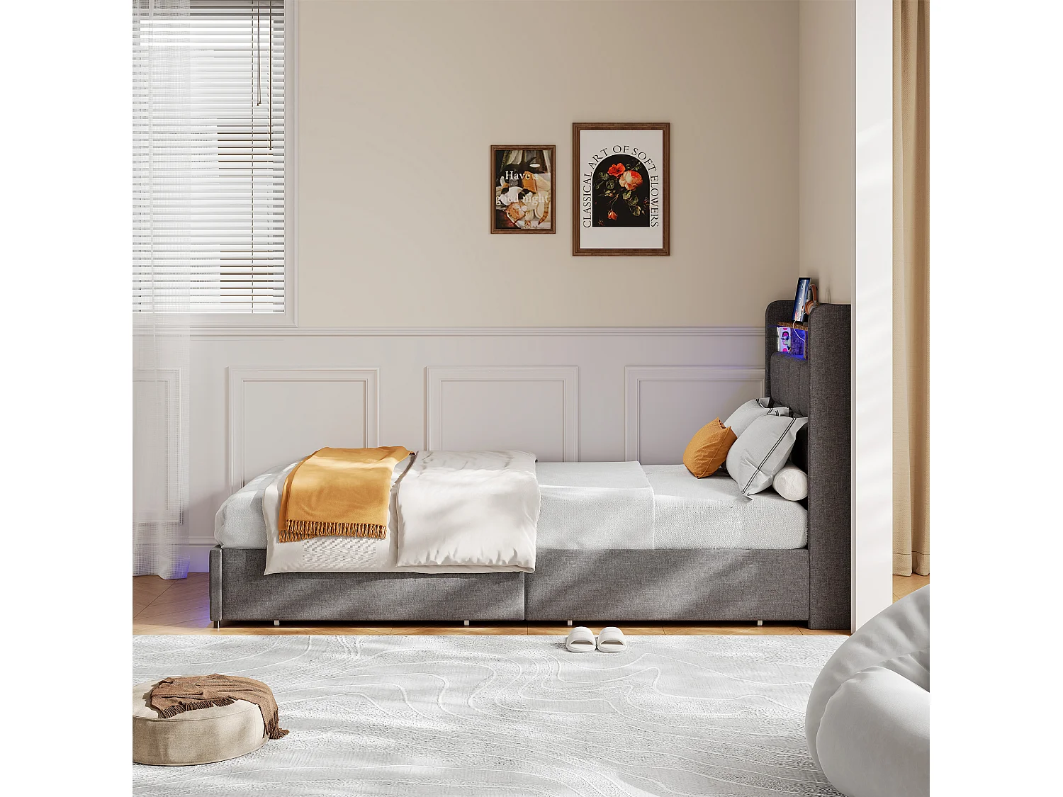 Lit 90×200 cm avec LED, USB, 2 tiroirs et tête de lit – Lin gris, sommier inclus