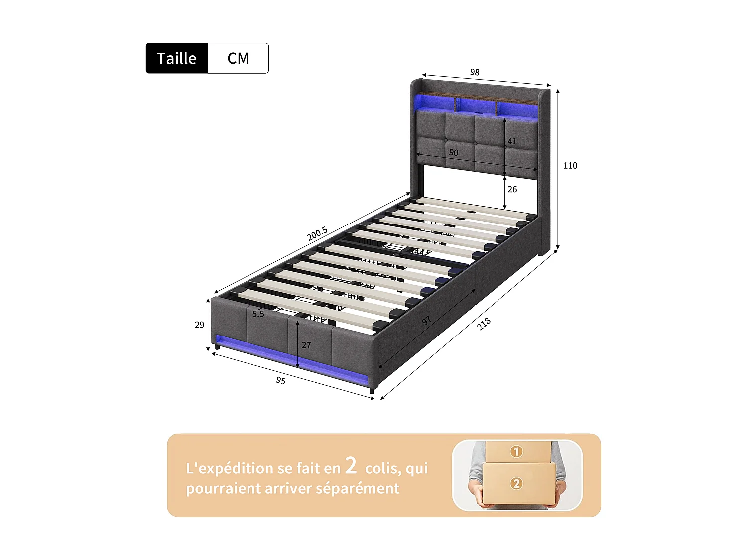 Lit 90×200 cm avec LED, USB, 2 tiroirs et tête de lit – Lin gris, sommier inclus