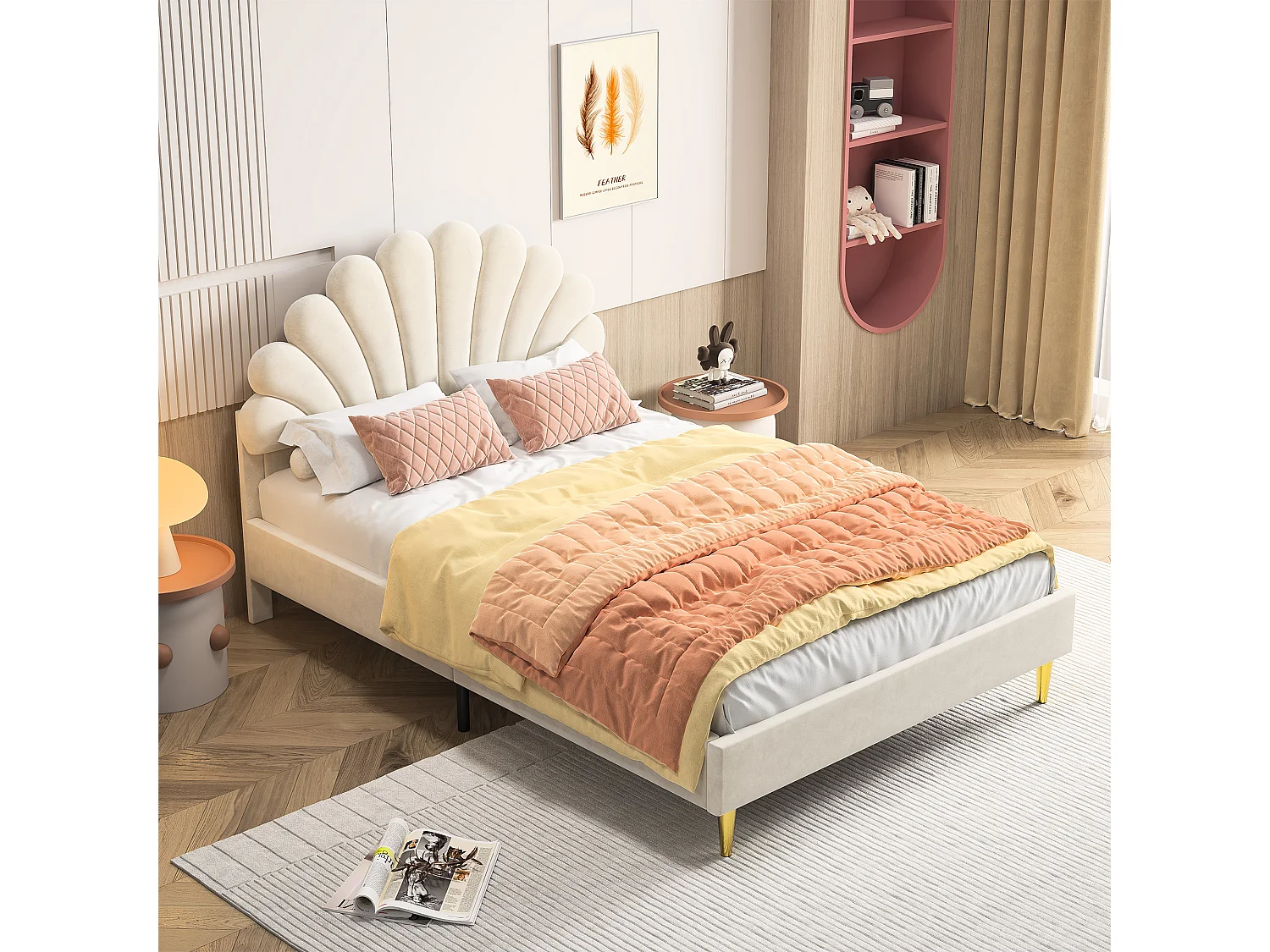Lit double 140x200 cm – Tissu velours beige – Tête de lit fleurie – Sommier à lattes – Structure robuste – Style scandinave