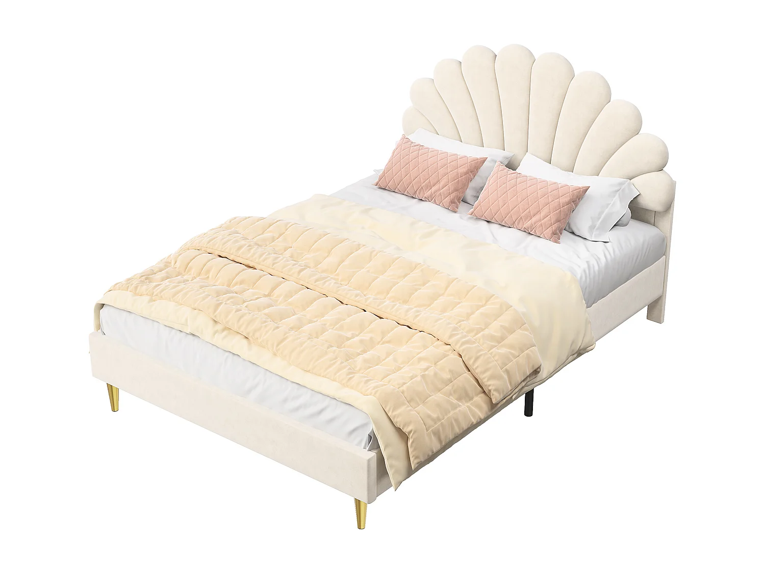 Lit double 140x200 cm – Tissu velours beige – Tête de lit fleurie – Sommier à lattes – Structure robuste – Style scandinave