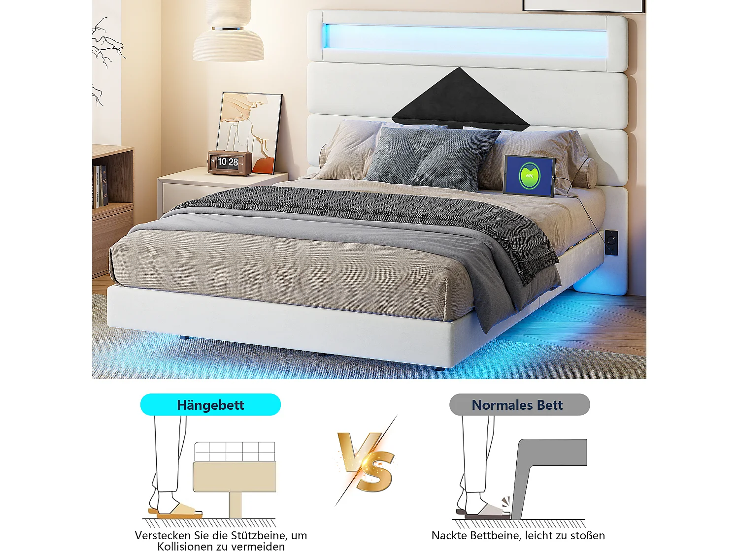 Lit double 140x190 cm  - USB et USB C - LED intégrée - Tissu velours blanc