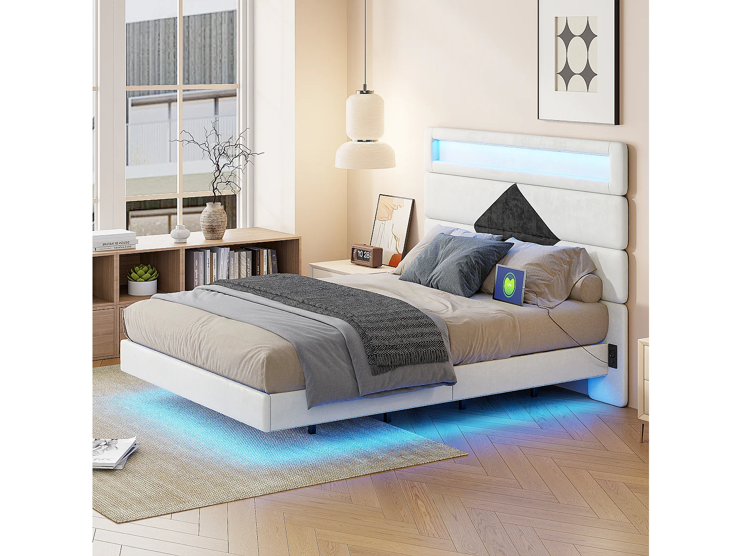 Lit double 140x190 cm  - USB et USB C - LED intégrée - Tissu velours blanc