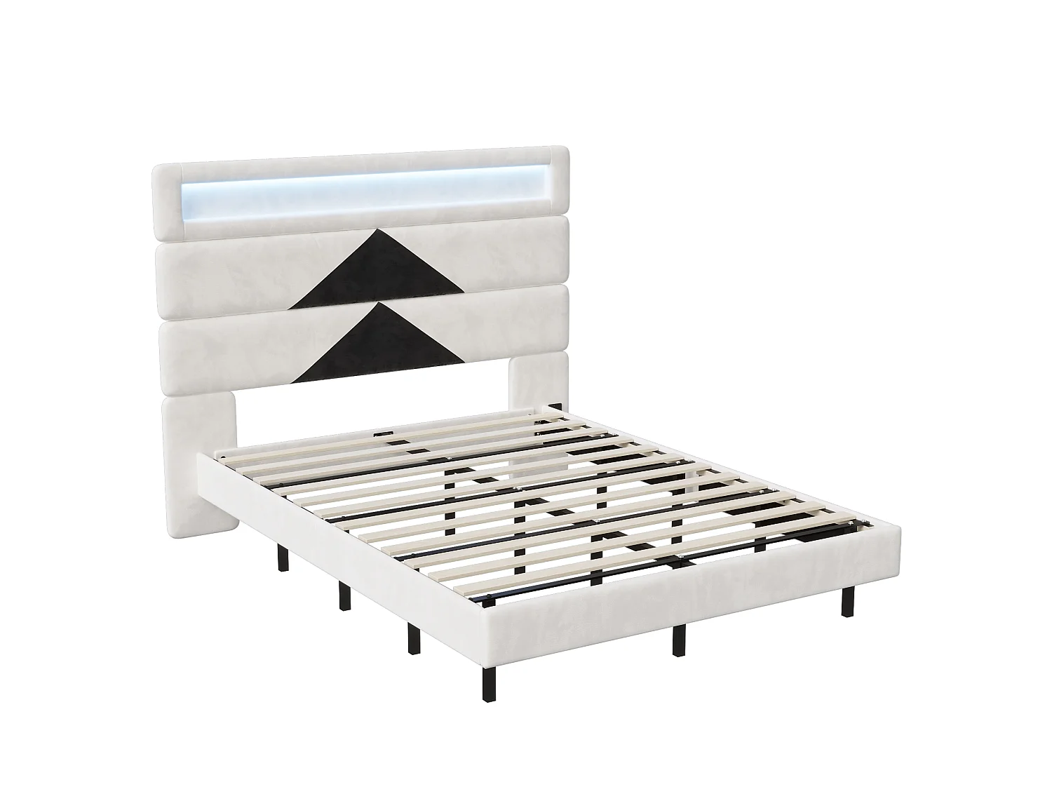 Lit double 140x190 cm  - USB et USB C - LED intégrée - Tissu velours blanc