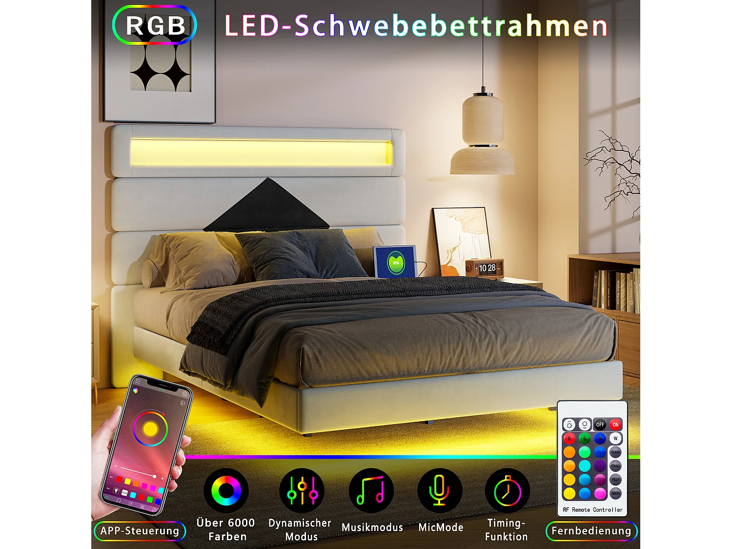 Lit double 140x190 cm  - USB et USB C - LED intégrée - Tissu velours blanc