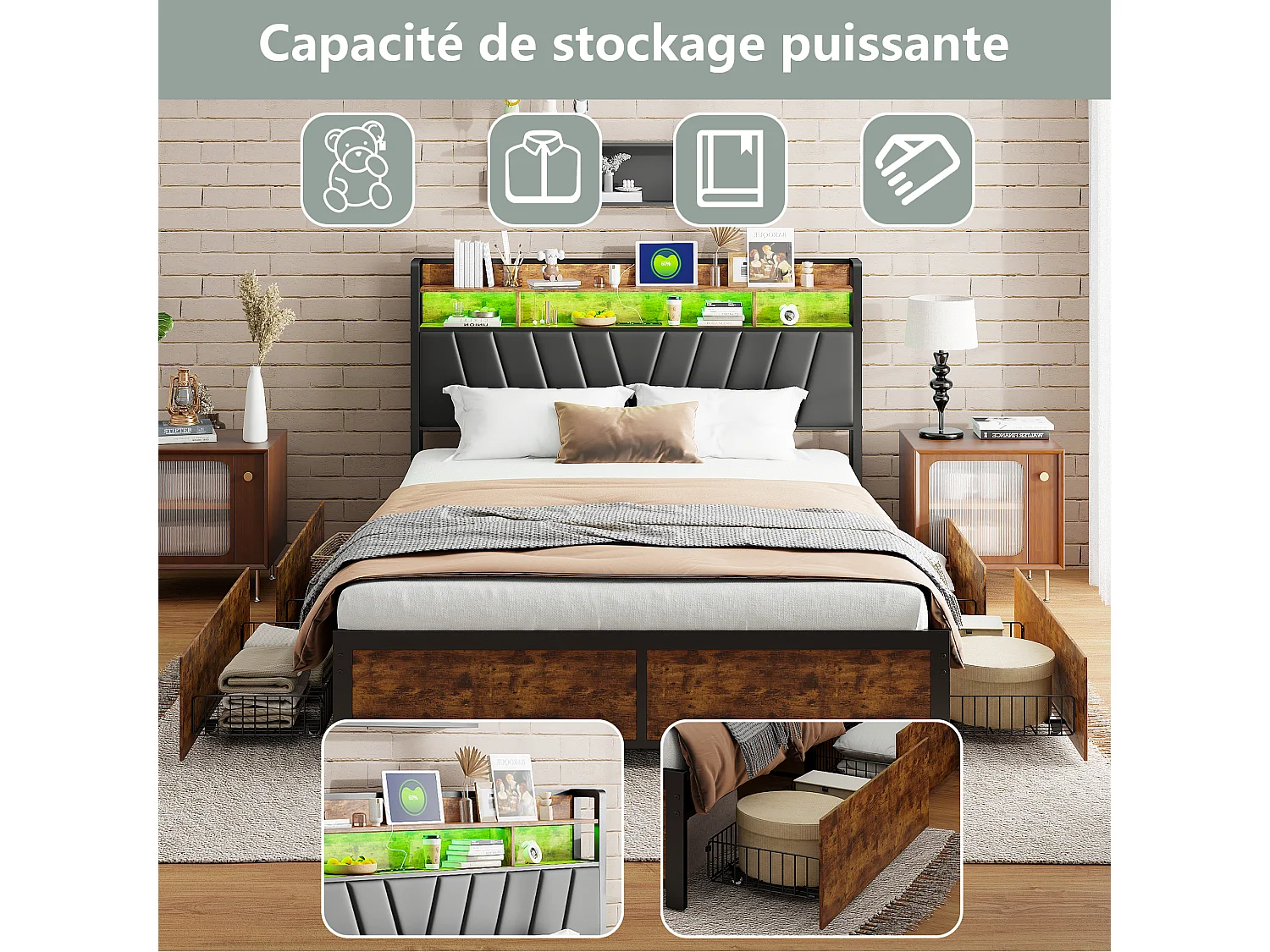 Lit rembourré 160×200 cm en métal avec LED, USB et 4 tiroirs – Tête de lit, lit double