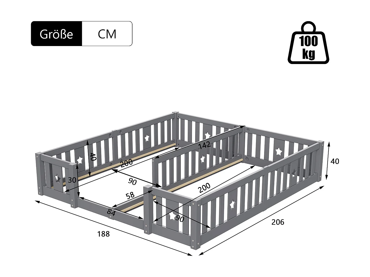 Lit Double 180x200 cm, pour Enfant en Bois Massif de Pin, Lit à Barreaux Étoiles, Lit Cabane, avec Protection Anti-Chute - Gris
